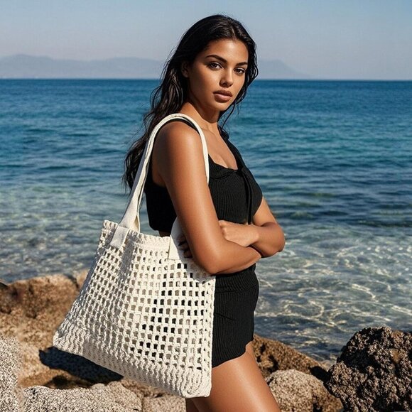 Women's Crochet Beach Tote Bag Hollow Design Travel | Lightweight & Durable - Picture 5 of 9